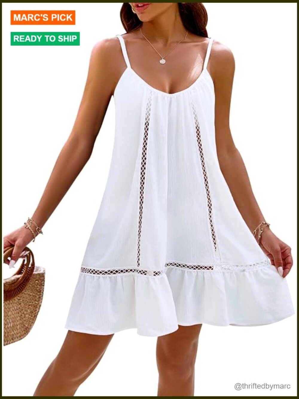 Womens Beach Cover Up Dress Spaghetti Straps Eyelet Ruffle Hem Flowy